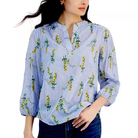 NAUTICA Jeans Floral Blue Stripes Top Blouse Large 3/4 Sleeve Office Preppy - Picture 3 of 13